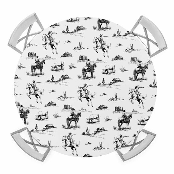 Round Fitted Tablecloth with Elastic Edge, Black Western Cowboy Waterproof Table Cloth Table Cover for 36"-44" Tables, Vintage Horse Cactus Ethnic Art Tablecloths for Dining Picnic Party Outdoor
