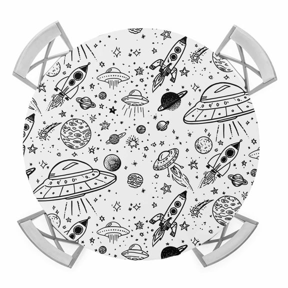 Round Fitted Tablecloth with Elastic Edge, Black White Cartoon Space Waterproof Table Cloth Table Cover for 36"-44" Tables, Star Spacecraft Rocket Meteorite Tablecloths for Dining Party Outdoor