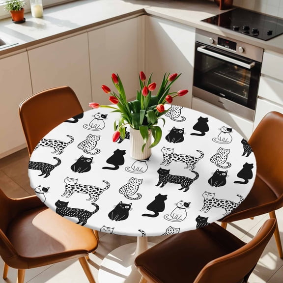 Round Fitted Tablecloth with Elastic Edge, Black White Cats Fitted Table Cloth for Round Tables, Cute Spotted Leopard Print Kitty Waterproof Tablecloth for Outdoor Picnic Party 36-44in