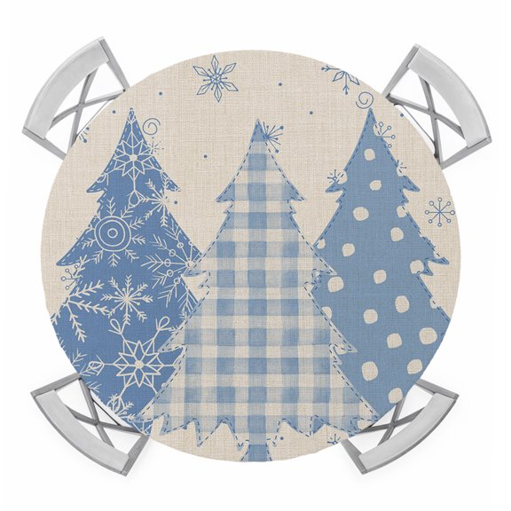 Round Fitted Tablecloth with Elastic Edge, Blue Christmas Tree Waterproof Table Cloth Table Cover for 55"-60" Tables, Xmas Tree Winter Snowflake Rustic Tablecloths for Dining Picnic Party Outdoor