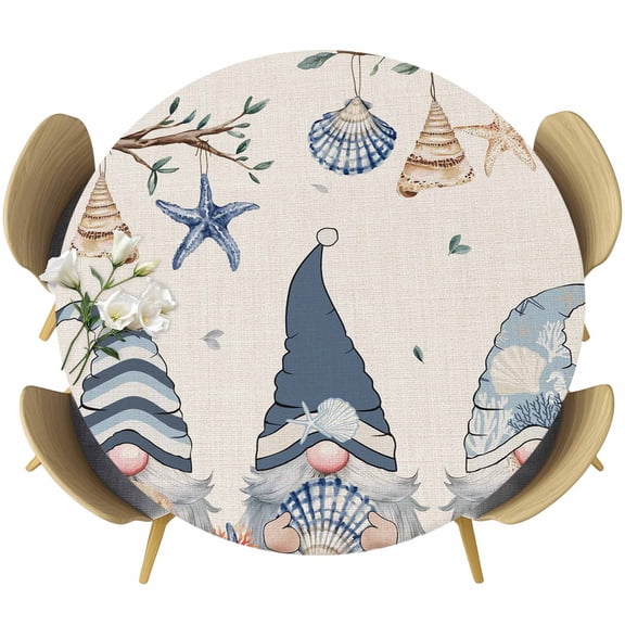 Round Fitted Tablecloth with Elastic Edge, Blue Gnome on Vintage Linen Fitted Table Cloth for Round Tables, Summer Ocean Shell Starfish Waterproof Tablecloth for Outdoor Picnic Party 55-60in