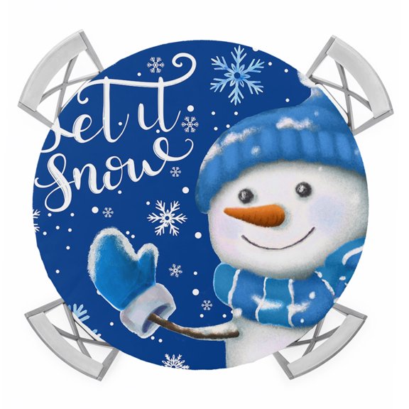 Round Fitted Tablecloth with Elastic Edge, Blue Snowman Christmas Waterproof Table Cloth Table Cover for 36"-44" Tables, Xmas Winter Snowflake Let Snow Tablecloths for Dining Picnic Party Outdoor