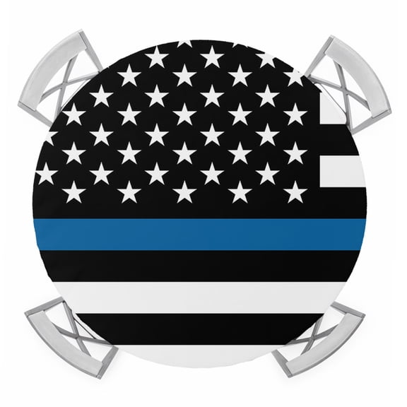 Round Fitted Tablecloth with Elastic Edge, Blue White American Police Flag Waterproof Table Cloth Table Cover for 55"-60" Tables, Honoring Law Enforcement Officers Tablecloths for Dining Outdoor