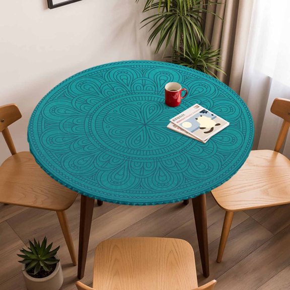 Round Fitted Tablecloth with Elastic Edge, Bohemian Flower on Teal Green Fitted Table Cloth for Round Tables, Boho Chic Blossom Floral Waterproof Tablecloth for Outdoor Picnic Party 45-54in