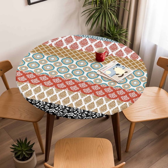Round Fitted Tablecloth with Elastic Edge, Boho Abstract Geometric Ethnic Style Fitted Table Cloth for Round Tables, Damask Floral Moroccan Plaid Waterproof Tablecloth for Outdoor Picnic 45-54in
