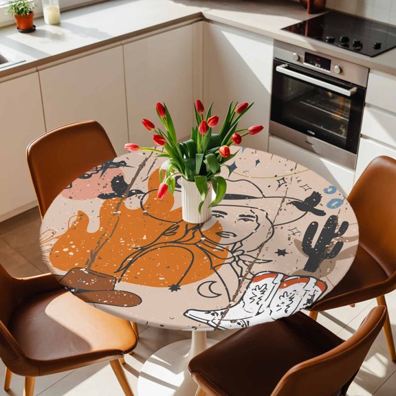 Round Fitted Tablecloth with Elastic Edge, Boho Retro Sketch Western Cowboy Fitted Table Cloth for Round Tables, Abstract Style Desert Cactus Waterproof Tablecloth for Outdoor Picnic Party 36-44in