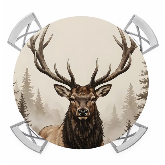Round Fitted Tablecloth with Elastic Edge, Brown Elk Waterproof Table Cloth Table Cover for 55"-60" Tables, Farm Pine Forest Tree Wildlife Rustic Tablecloths for Dining Picnic Party Outdoor