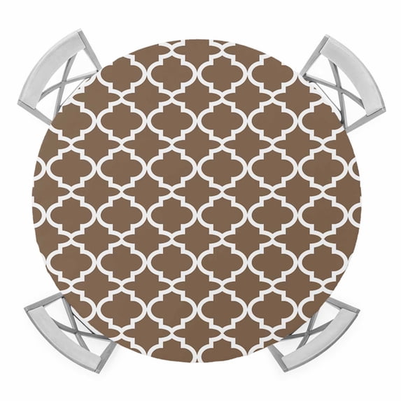 Round Fitted Tablecloth with Elastic Edge, Brown Moroccon Waterproof Table Cloth Table Cover for 36"-44" Tables, Retro Country Minimalist Abstract Motifs Tablecloths for Dining Picnic Party Outdoor