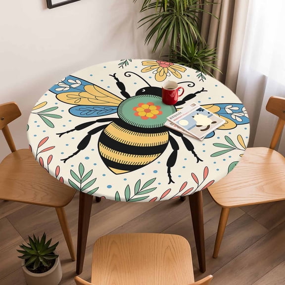 Round Fitted Tablecloth with Elastic Edge, Bumble Bee Flower Leaves Fitted Table Cloth for Round Tables, Blue Polka Dot Waterproof Tablecloth for Outdoor Picnic Party 45-54in