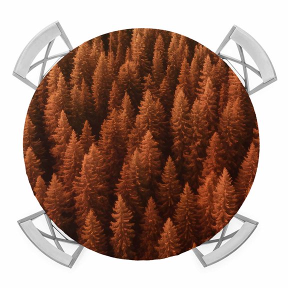 Round Fitted Tablecloth with Elastic Edge, Burnt Orange Forest Waterproof Table Cloth Table Cover for 36"-44" Tables, Pine Trees Modern Mysterious Art Tablecloths for Dining Picnic Party Outdoor