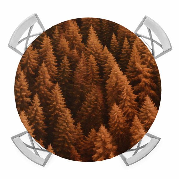 Round Fitted Tablecloth with Elastic Edge, Burnt Orange Forest Waterproof Table Cloth Table Cover for 45"-54" Tables, Modern Pine Trees Mysterious Art Tablecloths for Dining Picnic Party Outdoor