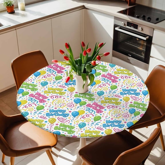 Round Fitted Tablecloth with Elastic Edge, Cartoon Balloons Polka Dots Fitted Table Cloth for Round Tables, Happy Birthday Quote Waterproof Tablecloth for Outdoor Picnic Party 36-44in