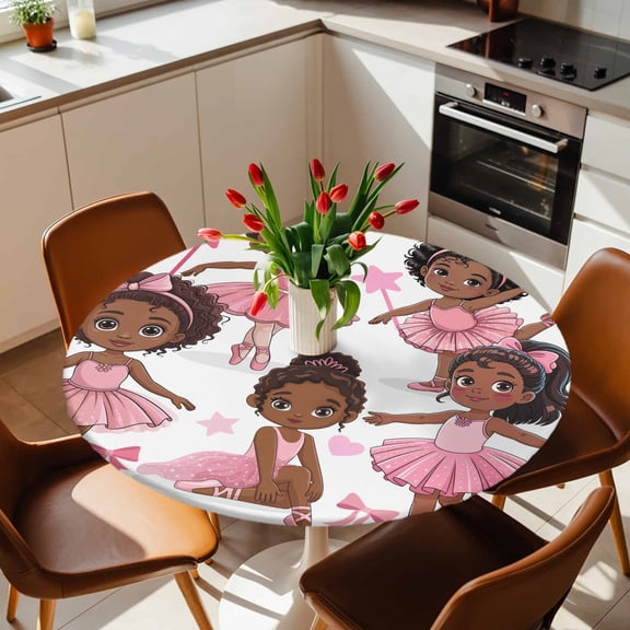 Round Fitted Tablecloth with Elastic Edge, Cartoon Children Ballet Dance Fitted Table Cloth for Round Tables, Pink Butterflies Ballet Shoes Waterproof Tablecloth for Outdoor Picnic Party 36-44in