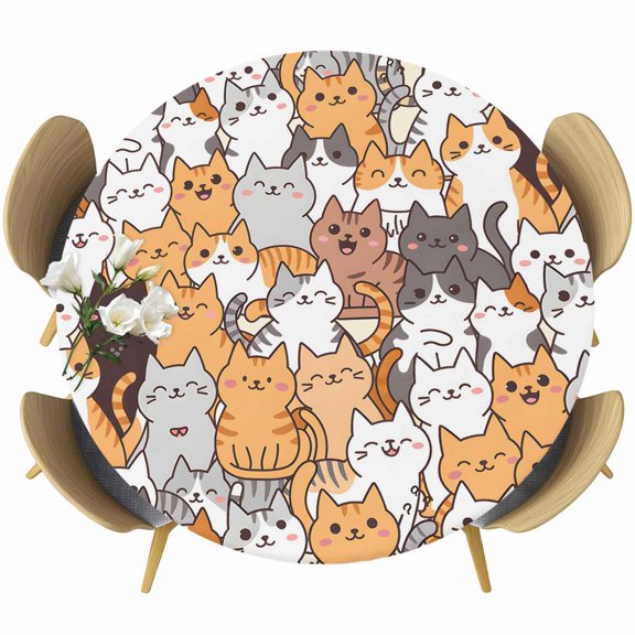 Round Fitted Tablecloth with Elastic Edge, Cartoon Cute Kitty Fitted Table Cloth for Round Tables, Modern Funny Pet Cat Waterproof Tablecloth for Outdoor Picnic Party 55-60in