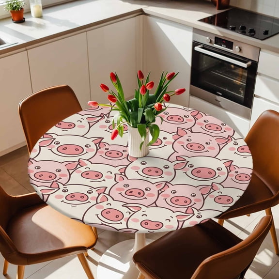 Round Fitted Tablecloth with Elastic Edge, Cartoon Funny Cute Pink Pig Fitted Table Cloth for Round Tables, Abstract Seamless Animals Waterproof Tablecloth for Outdoor Picnic Party 36-44in