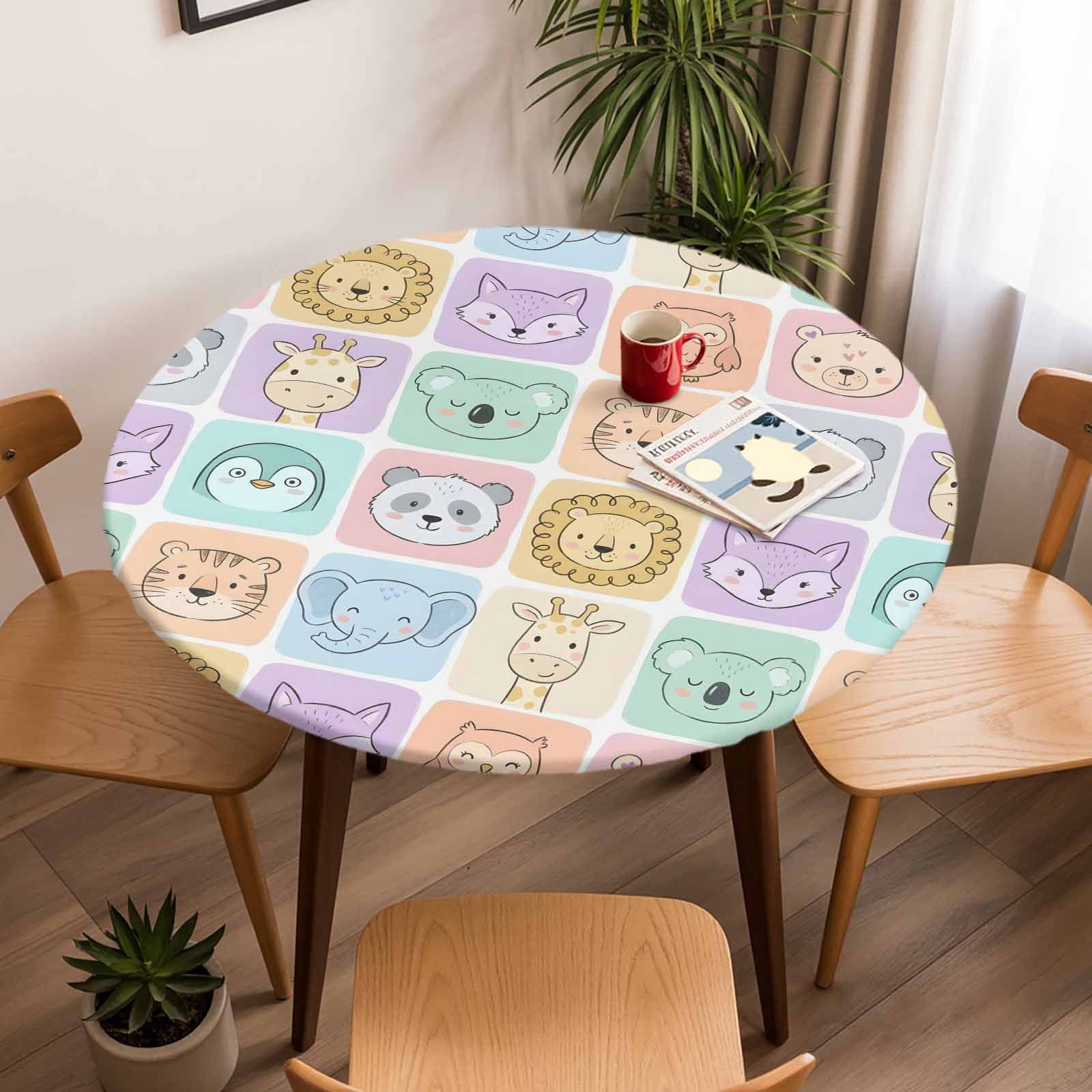 Round Fitted Tablecloth with Elastic Edge, Cartoon Lion Fox Panda ...