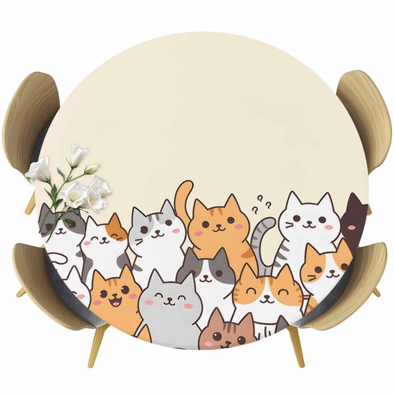 Round Fitted Tablecloth with Elastic Edge, Cartoon Pet Cat Fitted Table Cloth for Round Tables, Funny Cute Kitty Waterproof Tablecloth for Outdoor Picnic Party 55-60in