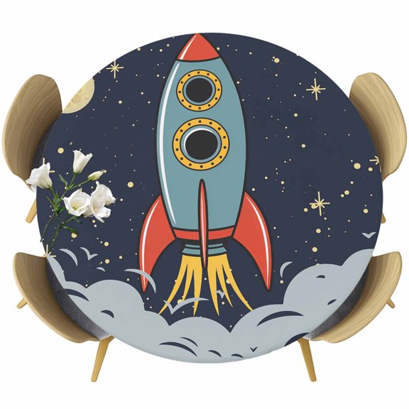 Round Fitted Tablecloth with Elastic Edge, Cartoon Space Rocket Launch Stars and Moon Fitted Table Cloth for Round Tables, Outer Planet Waterproof Tablecloth for Outdoor Picnic Party 55-60in