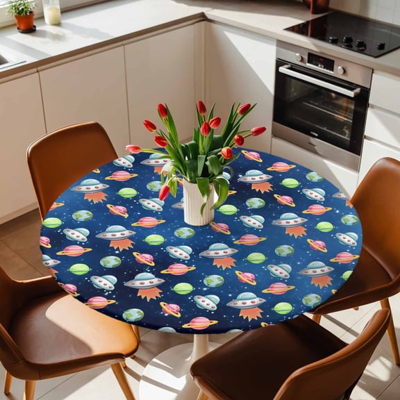 Round Fitted Tablecloth with Elastic Edge, Cartoon Spaceship Dream Planet Fitted Table Cloth for Round Tables, Outer Space Stars Moon Waterproof Tablecloth for Outdoor Picnic Party 36-44in