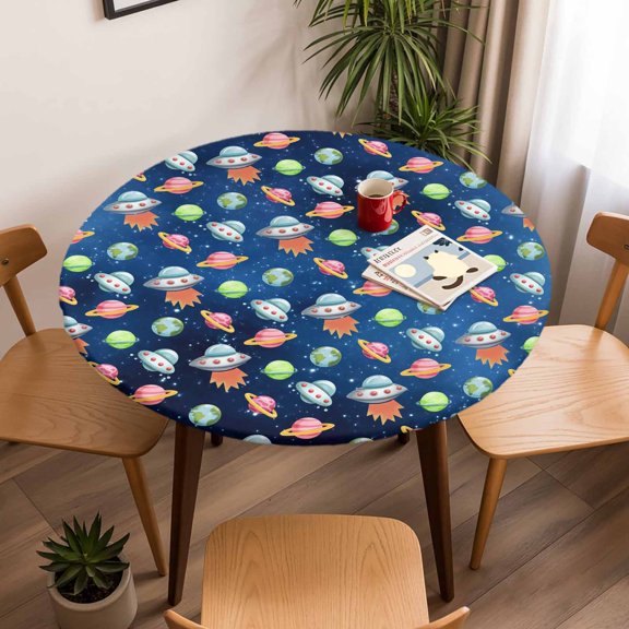 Round Fitted Tablecloth with Elastic Edge, Cartoon Spaceship Dream Planet Fitted Table Cloth for Round Tables, Outer Space Stars Moon Waterproof Tablecloth for Outdoor Picnic Party 45-54in