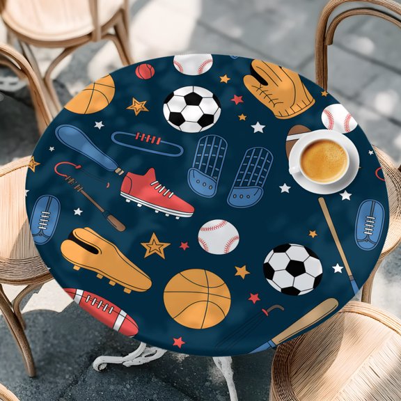 Round Fitted Tablecloth with Elastic Edge, Cartoon Sports Elements Waterproof Oil-Proof Table Cover, Soccer Baseball Rugby Circle Table Cloth for Indoor Outdoor Picnic Party 36"x44"