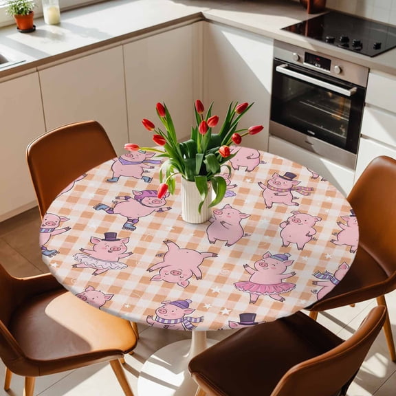Round Fitted Tablecloth with Elastic Edge, Children's Day Cute Cartoon Pink Pig Fitted Table Cloth for Round Tables, Yellow Buffalo Plaid Waterproof Tablecloth for Outdoor Picnic Party 36-44in