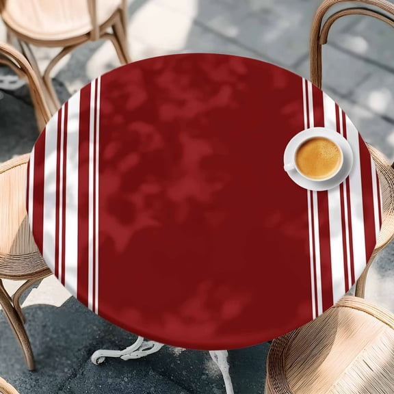 Round Fitted Tablecloth with Elastic Edge, Christmas Minimalist Dark Maroon Waterproof Oil-Proof Table Cover, Red White Stripe Lines Circle Table Cloth for Indoor Outdoor Picnic Party 36"x44"