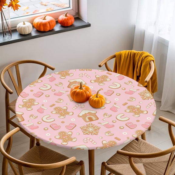 Round Fitted Tablecloth with Elastic Edge, Christmas Snowflake Ginger Bread Fitted Table Cloth for Round Tables, Winter Candy Cane Pink Back Waterproof Tablecloth for Outdoor Picnic Party 55-60in