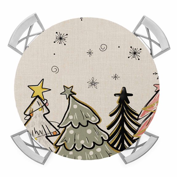 Round Fitted Tablecloth with Elastic Edge, Christmas Tree Waterproof Table Cloth Table Cover for 36"-44" Tables, Rustic Pink Green Blue Xmas Tree Snowflake Tablecloths for Dining Picnic Party Outdoor