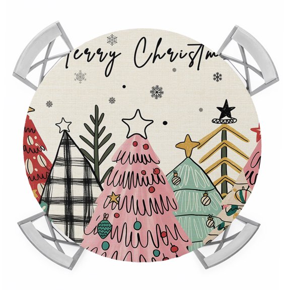 Round Fitted Tablecloth with Elastic Edge, Christmas Tree Waterproof Table Cloth Table Cover for 55"-60" Tables, Pink Xmas Tree Snowflake Rustic Tablecloths for Dining Picnic Party Outdoor