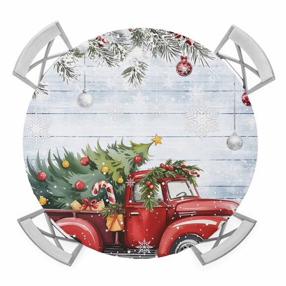 Round Fitted Tablecloth with Elastic Edge, Christmas Truck Waterproof Table Cloth Table Cover for 55"-60" Tables, Xmas Tree Branch Red Balls Snowflake Rustic Tablecloths for Dining Party Outdoor