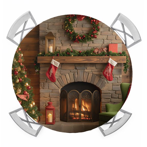 Round Fitted Tablecloth with Elastic Edge, Christmas Waterproof Table Cloth Table Cover for 45"-54" Tables, Winter Fireplace Wreath Modern Xmas Scenery Tablecloths for Dining Picnic Party Outdoor