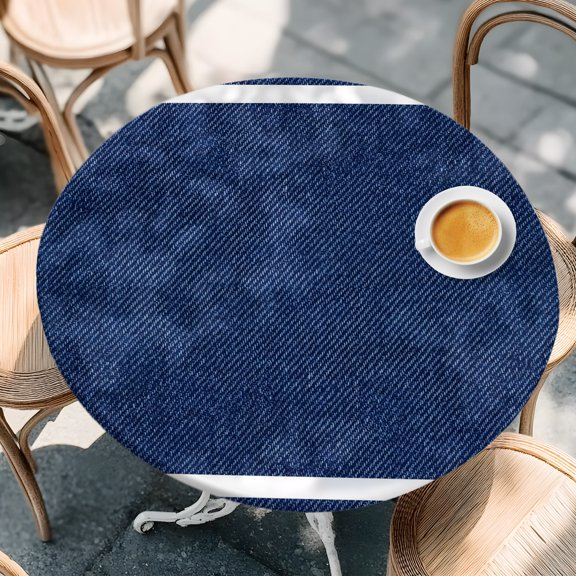 Round Fitted Tablecloth with Elastic Edge, Classic Denim Texture Navy Blue Waterproof Oil-Proof Table Cover, Modern Minimalist Stripes Circle Table Cloth for Indoor Outdoor Picnic Party 36"x44"