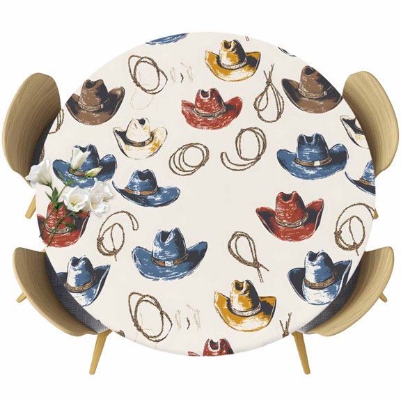 Round Fitted Tablecloth with Elastic Edge, Classic Western Cowboy Desert Fitted Table Cloth for Round Tables, Watercolor Red Blue Hat Waterproof Tablecloth for Outdoor Picnic Party 55-60in