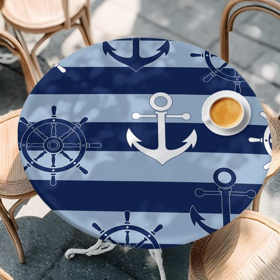 Round Fitted Tablecloth with Elastic Edge, Coastal Anchor Compass Waterproof Oil-Proof Table Cover, Nautical Theme Navy Blue Stripe Circle Table Cloth for Indoor Outdoor Picnic Party 36"x44"