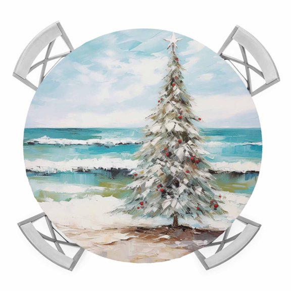 Round Fitted Tablecloth with Elastic Edge, Coastal Christmas Tree Waterproof Table Cloth Table Cover for 55"-60" Tables, Modern Oil Painting Beach Xmas Tree Tablecloths for Dining Party Outdoor