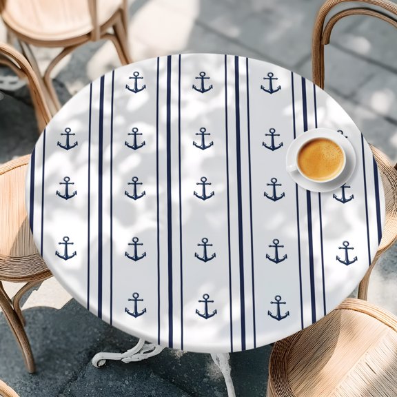 Round Fitted Tablecloth with Elastic Edge, Coastal Ocean Anchor Stripe Waterproof Oil-Proof Table Cover, Nautical Theme Circle Table Cloth for Indoor Outdoor Picnic Party 36"x44"