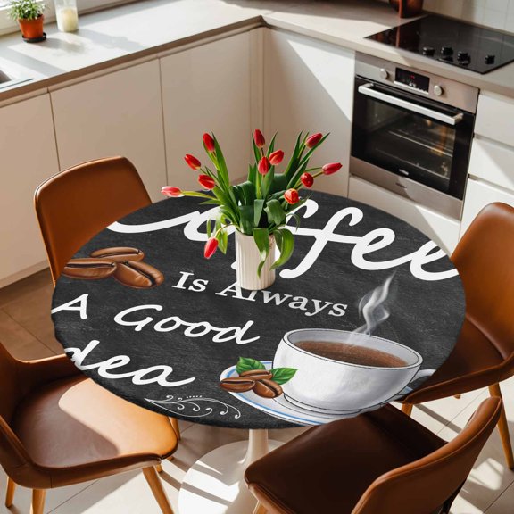 Round Fitted Tablecloth with Elastic Edge, Coffee Bean Cup Cafe Drink on Black Fitted Table Cloth for Round Tables, Coffees Good Idea Quote Waterproof Tablecloth for Outdoor Picnic Party 36-44in