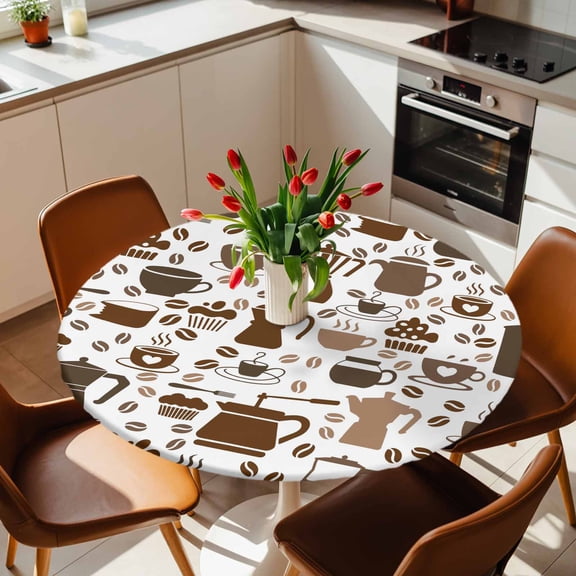 Round Fitted Tablecloth with Elastic Edge, Coffee Maker Beans Cups Cake Fitted Table Cloth for Round Tables, Coffee Time Waterproof Tablecloth for Outdoor Picnic Party 36-44in