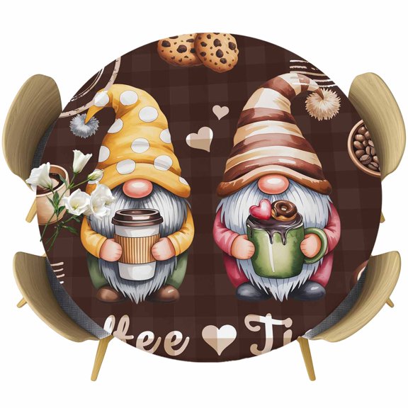 Round Fitted Tablecloth with Elastic Edge, Coffee Time Gnomes Fitted Table Cloth for Round Tables, Ququ Cookies Donut Dwarfs Waterproof Tablecloth for Outdoor Picnic Party 55-60in