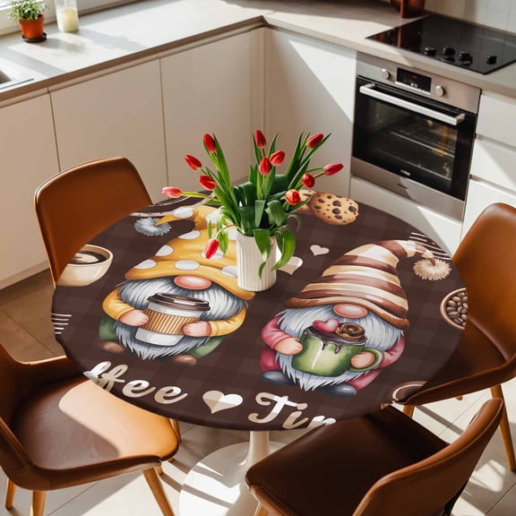 Round Fitted Tablecloth with Elastic Edge, Coffee Time Gnomes Fitted Table Cloth for Round Tables, Ququ Cookies Donut Dwarfs Waterproof Tablecloth for Outdoor Picnic Party 36-44in