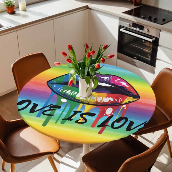 Round Fitted Tablecloth with Elastic Edge, Colorful Lip Rainbow Color Ombre Fitted Table Cloth for Round Tables, Black Love Quote on Gradient Waterproof Tablecloth for Outdoor Picnic Party 36-44in