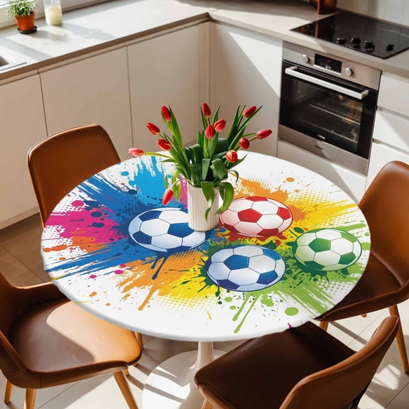 Round Fitted Tablecloth with Elastic Edge, Colorful Soccer Balls Fitted Table Cloth for Round Tables, Rainbow Paint Splatter Footballs Waterproof Tablecloth for Outdoor Picnic Party 36-44in