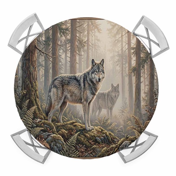 Round Fitted Tablecloth with Elastic Edge, Country Wolf Waterproof Table Cloth Table Cover for 36"-44" Tables, Rustic Animals Trees Plants Forest Scenery Tablecloths for Dining Picnic Party Outdoor