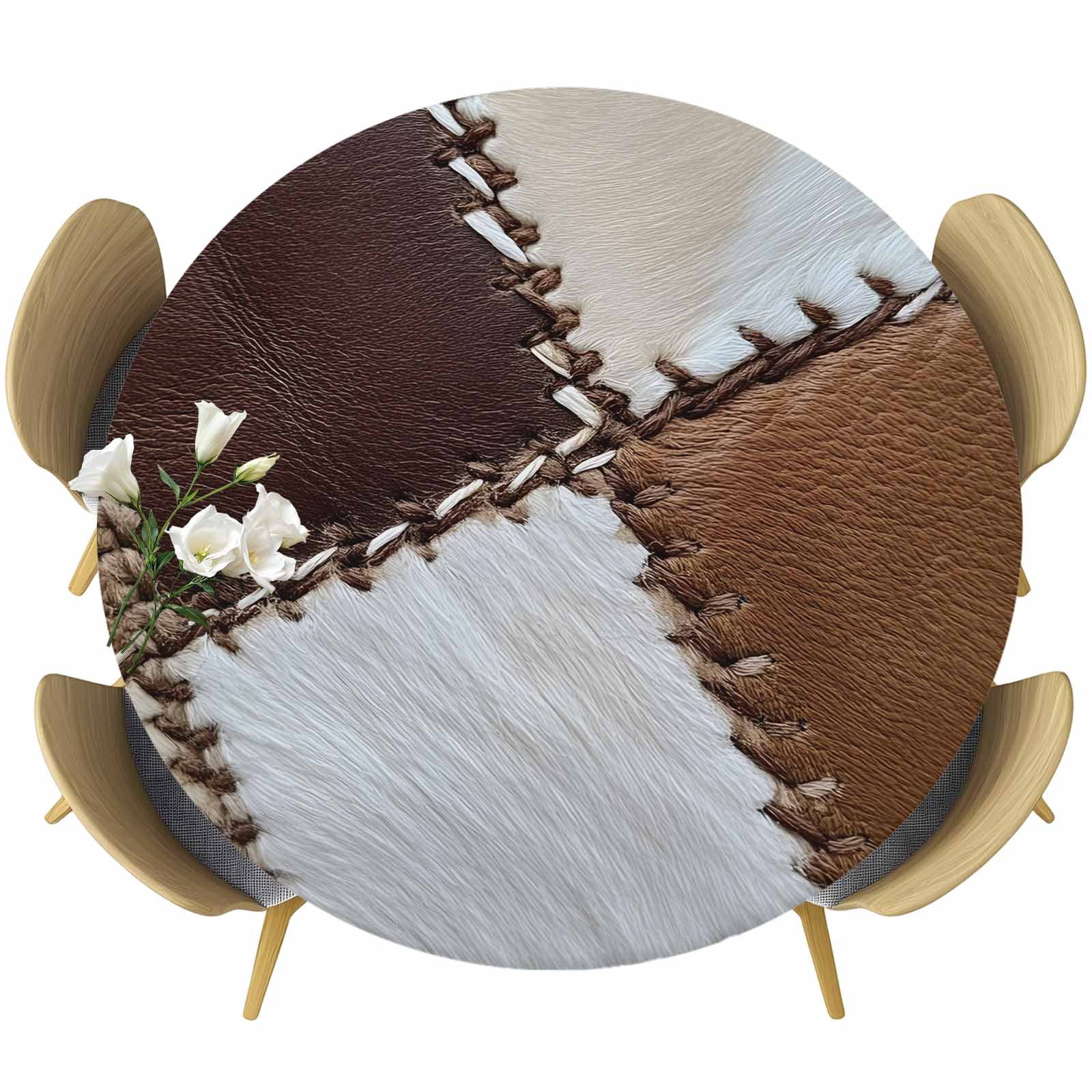 Round Fitted Tablecloth with Elastic Edge, Cowhide Leather Animal Skin ...