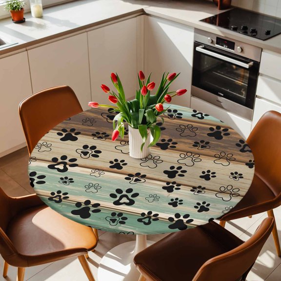 Round Fitted Tablecloth with Elastic Edge, Cute Animal Footprints on Wood Plank Fitted Table Cloth for Round Tables, Farmhouse Wooden Board Waterproof Tablecloth for Outdoor Picnic Party 36-44in