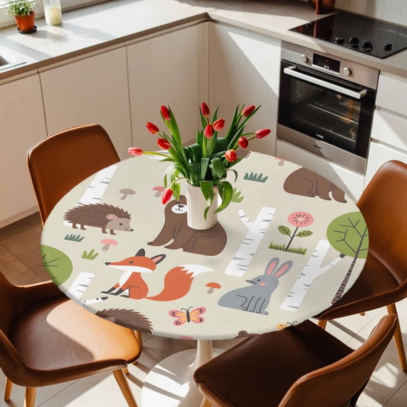 Round Fitted Tablecloth with Elastic Edge, Cute Bear Hedgehog Fox Fitted Table Cloth for Round Tables, Cartoon Tree Wild Flower Waterproof Tablecloth for Outdoor Picnic Party 36-44in