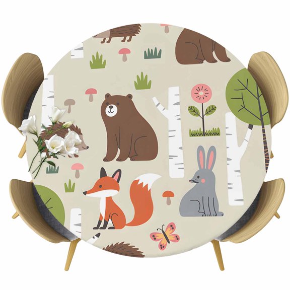 Round Fitted Tablecloth with Elastic Edge, Cute Bear Hedgehog Fox Fitted Table Cloth for Round Tables, Cartoon Tree Wild Flower Waterproof Tablecloth for Outdoor Picnic Party 55-60in