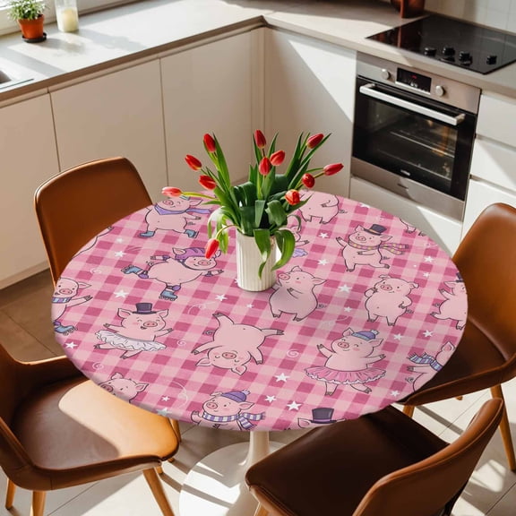 Round Fitted Tablecloth with Elastic Edge, Cute Cartoon Pig Pink Buffalo Plaid Fitted Table Cloth for Round Tables, Happy Children's Day Waterproof Tablecloth for Outdoor Picnic Party 36-44in