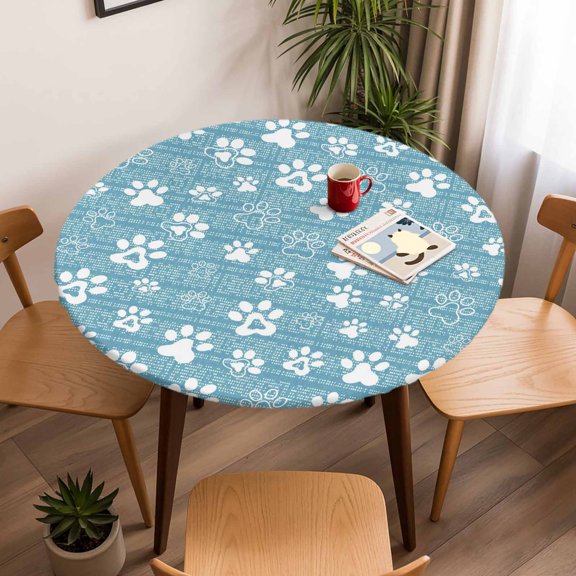 Round Fitted Tablecloth with Elastic Edge, Cute Pet Footprints on Sky Blue Fitted Table Cloth for Round Tables, Abstract Little Paws Waterproof Tablecloth for Outdoor Picnic Party 45-54in